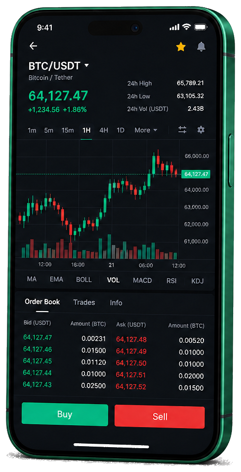 NairaRefinery AI mobile trading screen with live BTC/USDT quotes, order-book details and order controls